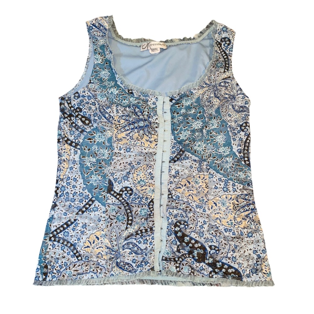 Dressbarn Womens Blue Paisley Mesh Ruffle Tank Top Hook & Eye Front Size Medium - Picture 3 of 9